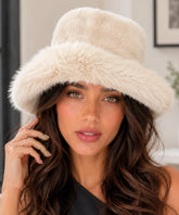 Ivory fur bucket hat with a structured brim