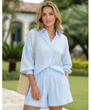 Comprar conjunto feminino camisa oversized e short algodão azul listras branco respirável casual em promoção ANELLIMN