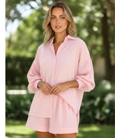 Comprar conjunto feminino camisa oversized e short algodão rosa listras branco respirável casual em promoção ANELLIMN