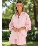 Comprar conjunto feminino camisa oversized e short algodão rosa listras branco respirável casual em promoção ANELLIMN