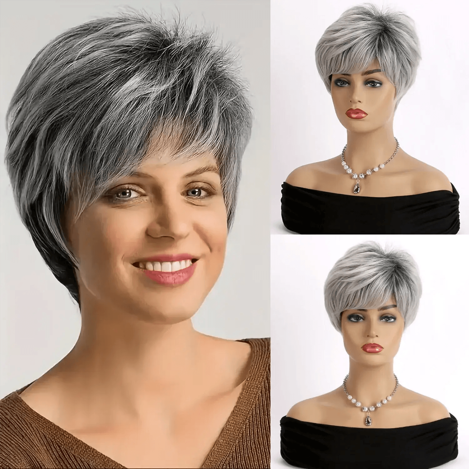 Synthetic wig Short Gray Straight Lace Wig in silver gray, modern and elegant style to enhance your beauty in any moment. Anellace Synthetic wig Short Gray Straight Lace Wig in silver gray, modern and elegant style to enhance your beauty in any moment. Anellace
