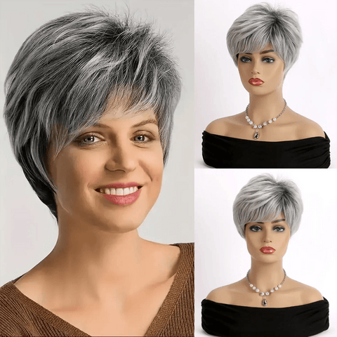 Synthetic wig Short Gray Straight Lace Wig in silver gray, modern and elegant style to enhance your beauty in any moment. Anellace Synthetic wig Short Gray Straight Lace Wig in silver gray, modern and elegant style to enhance your beauty in any moment. Anellace