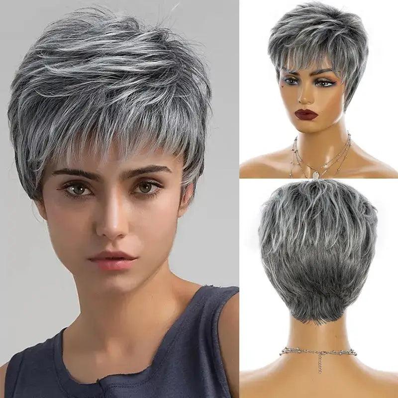 Synthetic wig Short Gray Straight Lace Wig in silver gray, modern and elegant style to enhance your beauty in any moment. Anellace Synthetic wig Short Gray Straight Lace Wig in silver gray, modern and elegant style to enhance your beauty in any moment. Anellace