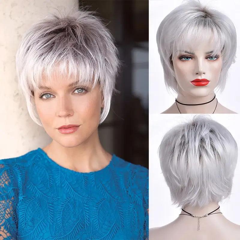 Synthetic wig Short Gray Straight Lace Wig in silver gray, modern and elegant style to enhance your beauty in any moment. Anellace Synthetic wig Short Gray Straight Lace Wig in silver gray, modern and elegant style to enhance your beauty in any moment. Anellace