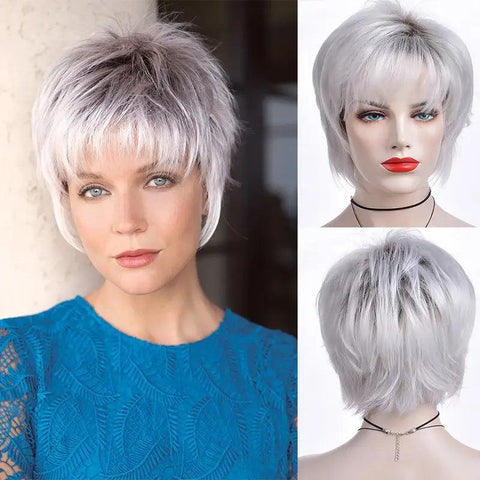 Synthetic wig Short Gray Straight Lace Wig in silver gray, modern and elegant style to enhance your beauty in any moment. Anellace Synthetic wig Short Gray Straight Lace Wig in silver gray, modern and elegant style to enhance your beauty in any moment. Anellace