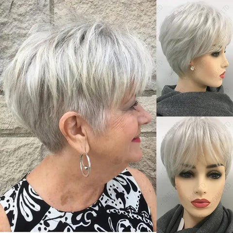 Synthetic wig Short Gray Straight Lace Wig in silver gray, modern and elegant style to enhance your beauty in any moment. Anellace Synthetic wig Short Gray Straight Lace Wig in silver gray, modern and elegant style to enhance your beauty in any moment. Anellace