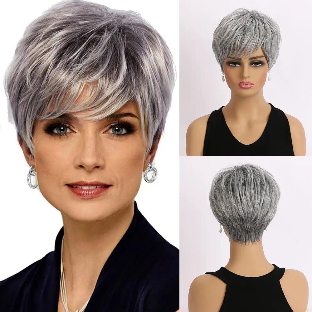 Synthetic wig Short Gray Straight Lace Wig in silver gray, modern and elegant style to enhance your beauty in any moment. Anellace Synthetic wig Short Gray Straight Lace Wig in silver gray, modern and elegant style to enhance your beauty in any moment. Anellace