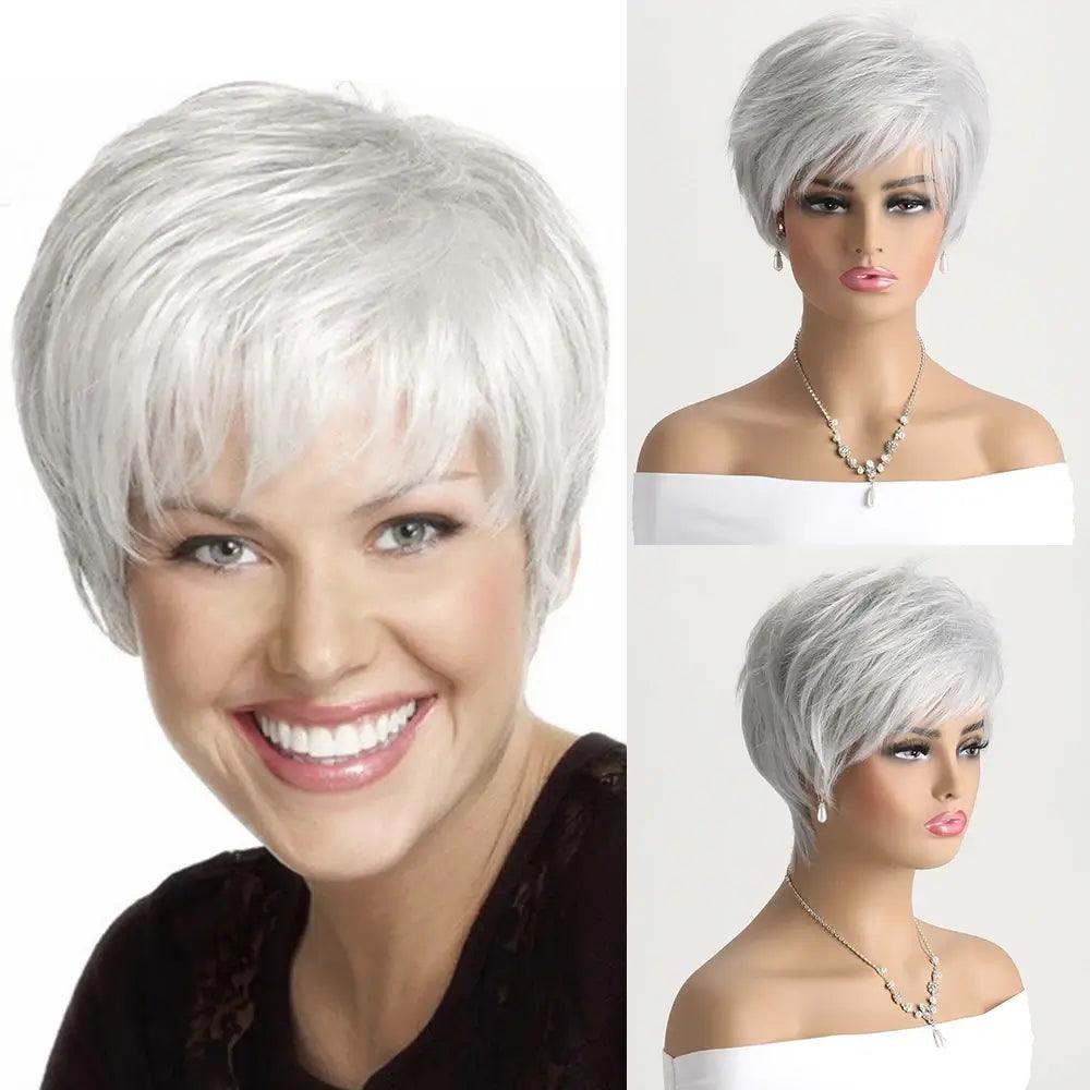 Synthetic wig Short Gray Straight Lace Wig in silver gray, modern and elegant style to enhance your beauty in any moment. Anellace Synthetic wig Short Gray Straight Lace Wig in silver gray, modern and elegant style to enhance your beauty in any moment. Anellace