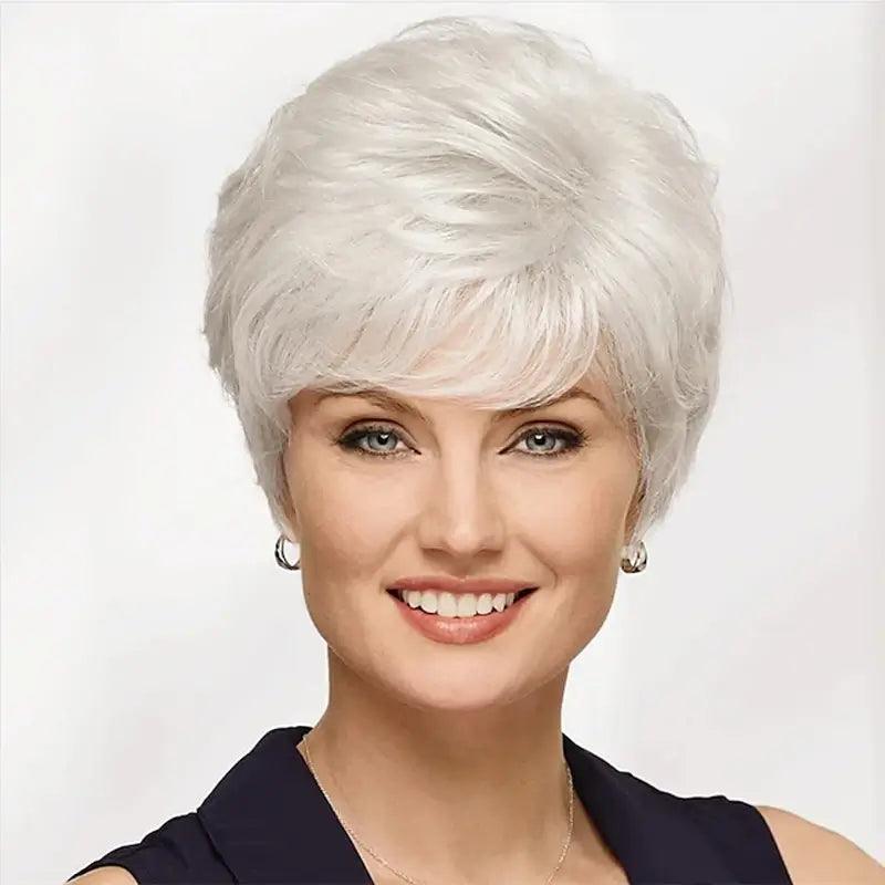 Synthetic wig Short Gray Straight Lace Wig in silver gray, modern and elegant style to enhance your beauty in any moment. Anellace Synthetic wig Short Gray Straight Lace Wig in silver gray, modern and elegant style to enhance your beauty in any moment. Anellace