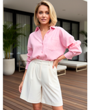 Comprar bermuda feminina alfaiataria cintura alta pregas modelagem solta elegante para trabalho barato ANELLIMN