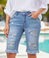 Comprar bermuda jeans feminina destroyed rasgada barra desfiada cintura alta stretch casual barato ZARA