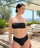 Women's High-Waisted Smocked Bandeau Bikini with Contrast Trim | Floral