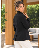 Black casual blazer with a mandarin collar, back view