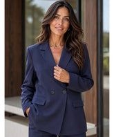 Navy tailored double breasted blazer, front view