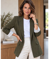 Women's olive green linen blend blazer with striped three quarter cuffs, front view