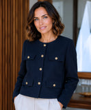 Navy cropped tweed blazer with gold buttons