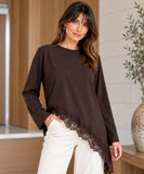 Women's asymmetrical top with lace trim in chocolate brown