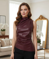 Comprar blusa elegante feminina assimétrica couro sintético gola alta social festa escritório moderna sofisticada barato