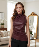 Comprar blusa elegante feminina assimétrica couro sintético gola alta social festa escritório moderna sofisticada barato