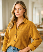 Comprar Blusa feminina manga longa amarelo oversized de veludo cotelê para dias frios, sobreposição casual e looks urbanos ANELLIMN