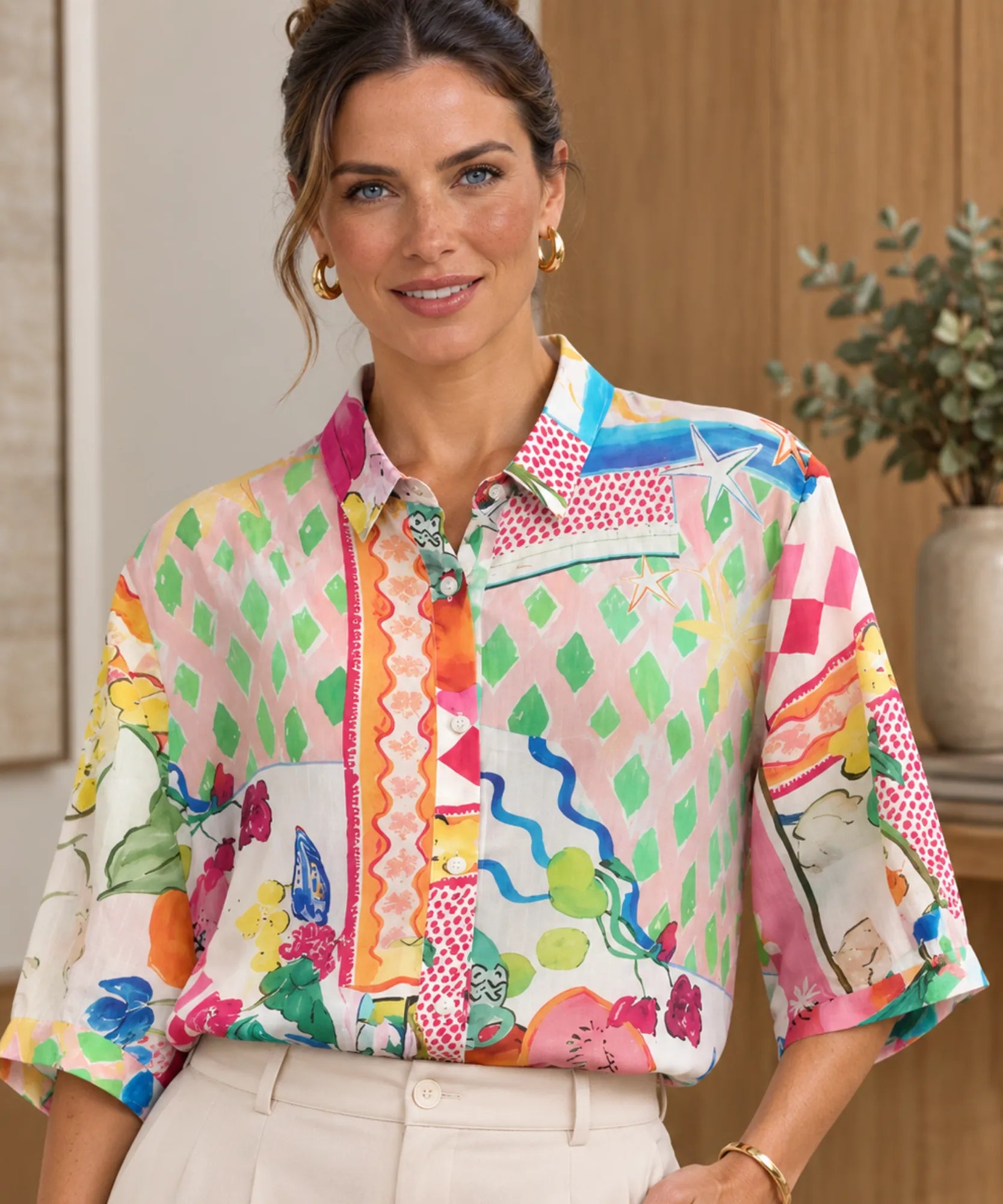 Women's linen shirt with pastel patchwork print, front view