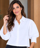 White puff sleeve blouse with collar and button front, front view