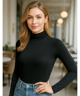 Comprar blusa segunda pele feminina preto gola alta modal confortável ajustada ao corpo para looks casuais no frio em promoção ANELLIMN