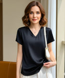 Comprar blusa social feminina em cetim preto com decote V elegante para escritório, reuniões e eventos formais em promoção ZARA
