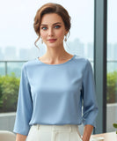 Comprar blusa social feminina em cetim azul com manga ampla elegante para trabalho ou eventos em promoção ZARA
