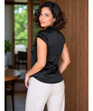 Women's high neck satin blouse, black, front view