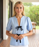 Comprar blusa social feminina manga bufante linho viscose laços frontais elegante trabalho festa em promoção ZARA