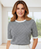 Comprar blusa social feminina tricot canelada quadriculada preta branca elegante manga curta trabalho escritório barato ANELLIMNS