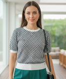 Comprar blusa social feminina tricot canelada quadriculada preta branca elegante manga curta trabalho escritório barato ANELLIMNS