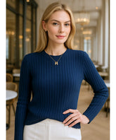 Comprar blusa tricot feminina canelada azul marinho manga longa com gola redonda para dias frios com estilo casual e sofisticado em promoção ZARA