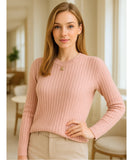 Comprar blusa tricot feminina canelada rosa manga longa com gola redonda para dias frios com estilo casual e sofisticado em promoção ZARA
