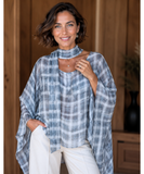 Slate blue plaid batwing top with scarf collar, front view
