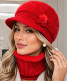 Women's Red Plush Knit Cloche Hat and Scarf Set