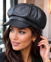 Women's Black Leather Newsboy Cap