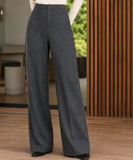 Women's charcoal wide leg trousers front view with a long straight hem