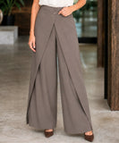 Women's mocha wide leg wrap pants with an overlap front