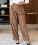 Women's high waisted barrel pants in mocha pinstripe front view