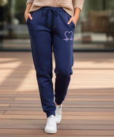 Women's fleece-lined sweatpants in navy, front view