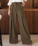 Women's olive green pinstripe wide leg pants with a tie waist