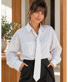 Women's oversized striped button down shirt with neck tie in ivory