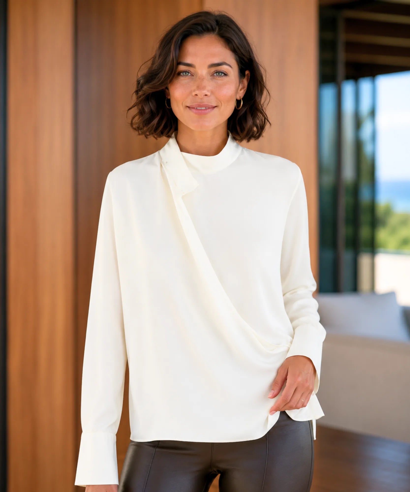 Women's long sleeve round collar wrap blouse in ivory
