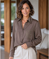 Women's Long Sleeve Viscose Dressy Blouse with Embroidered Pocket | Sofia