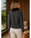 Women's charcoal knit cardigan, back view