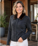 Women's charcoal fur collar cardigan, front view