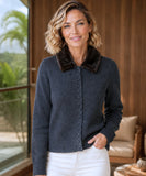 Women's charcoal cardigan with removable brown fur collar and covered buttons