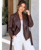 Women's cropped belted vegan leather blazer in chocolate brown with wide lapels